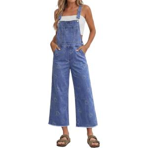 image:imageluvamia Denim Overalls for Women Wide Leg Capri Jean Jumpsuit Loose Fit Summer Stretchy Bib Overall Embroidered Raw HemHeart Medium Blue
