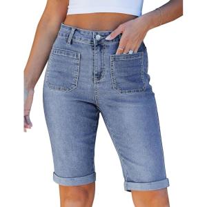 image:imageluvamia Jean Bermuda Shorts for Women High Waisted Patch Pocket Knee Length Fold Hem Casual Stretchy Denim Long ShortsBay Blue