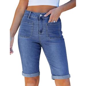 image:imageluvamia Jean Bermuda Shorts for Women High Waisted Patch Pocket Knee Length Fold Hem Casual Stretchy Denim Long ShortsClassic Blue