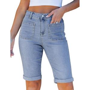 image:imageluvamia Jean Bermuda Shorts for Women High Waisted Patch Pocket Knee Length Fold Hem Casual Stretchy Denim Long ShortsCody Blue