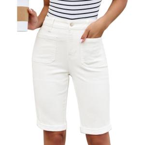 image:imageluvamia Jean Bermuda Shorts for Women High Waisted Patch Pocket Knee Length Fold Hem Casual Stretchy Denim Long ShortsCream White