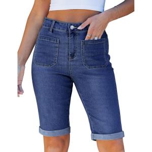 image:imageluvamia Jean Bermuda Shorts for Women High Waisted Patch Pocket Knee Length Fold Hem Casual Stretchy Denim Long ShortsDarkness Blue