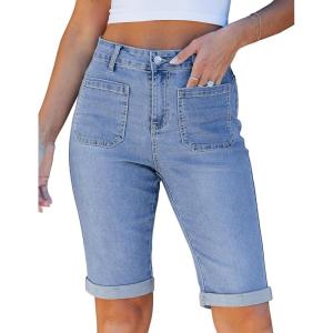 image:imageluvamia Jean Bermuda Shorts for Women High Waisted Patch Pocket Knee Length Fold Hem Casual Stretchy Denim Long ShortsMedium Blue