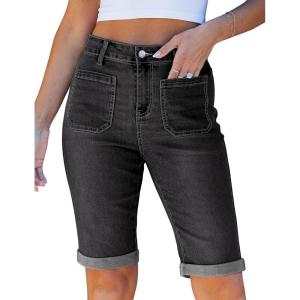 image:imageluvamia Jean Bermuda Shorts for Women High Waisted Patch Pocket Knee Length Fold Hem Casual Stretchy Denim Long ShortsWashed Black
