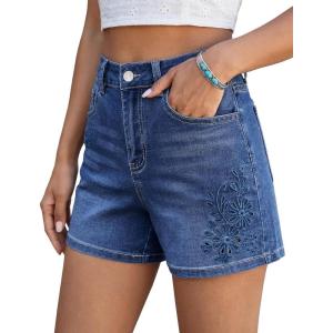 image:imageluvamia Jean Shorts for Women High Waisted Eyelet Embroidered Mid Thigh Wide Leg Stretchy Denim Shorts Summer JortsClassic Blue
