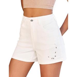image:imageluvamia Jean Shorts for Women High Waisted Eyelet Embroidered Mid Thigh Wide Leg Stretchy Denim Shorts Summer JortsCream White
