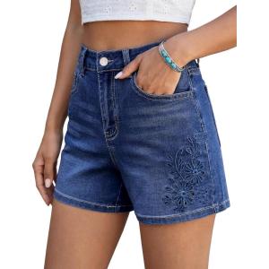 image:imageluvamia Jean Shorts for Women High Waisted Eyelet Embroidered Mid Thigh Wide Leg Stretchy Denim Shorts Summer JortsDarkness Blue