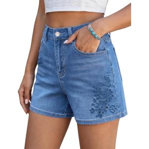 image:imageluvamia Jean Shorts for Women High Waisted Eyelet Embroidered Mid Thigh Wide Leg Stretchy Denim Shorts Summer JortsMedium Blue