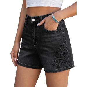 image:imageluvamia Jean Shorts for Women High Waisted Eyelet Embroidered Mid Thigh Wide Leg Stretchy Denim Shorts Summer JortsWashed Black