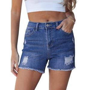 image:imageluvamia Jean Shorts for Women High Waisted Ripped Distressed Raw Hem Casual Summer Stretchy Denim Shorts Country ConcertClassic Blue