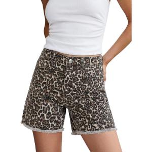 image:imageluvamia Jean Shorts for Women Trendy High Rise Mid Thigh Cheetah Leopard Print Raw Hem Stretch Denim Casual Summer JortsBleached Sand Leopard