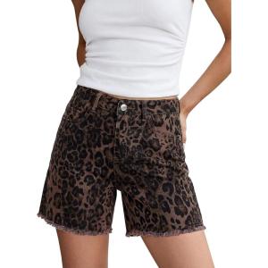 image:imageluvamia Jean Shorts for Women Trendy High Rise Mid Thigh Cheetah Leopard Print Raw Hem Stretch Denim Casual Summer JortsBrown Leopard