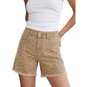 image:imageluvamia Jean Shorts for Women Trendy High Rise Mid Thigh Cheetah Leopard Print Raw Hem Stretch Denim Casual Summer JortsKhaki Leopard