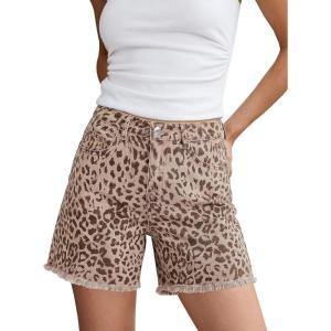 image:imageluvamia Jean Shorts for Women Trendy High Rise Mid Thigh Cheetah Leopard Print Raw Hem Stretch Denim Casual Summer JortsPink Leopard