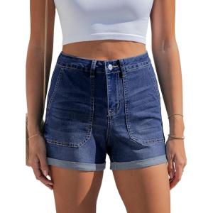 image:imageluvamia Jean Shorts for Women Trendy High Waisted Fold Hem 4 Inch Inseam Stretchy Denim Shorts Summer Casual JortsDarkness Blue