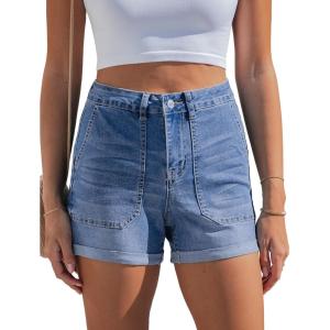 image:imageluvamia Jean Shorts for Women Trendy High Waisted Fold Hem 4 Inch Inseam Stretchy Denim Shorts Summer Casual JortsMedium Blue