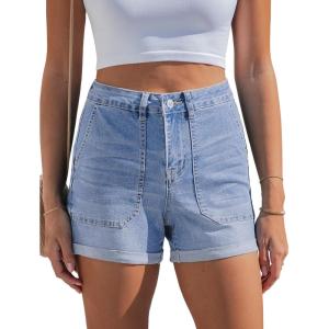image:imageluvamia Jean Shorts for Women Trendy High Waisted Fold Hem 4 Inch Inseam Stretchy Denim Shorts Summer Casual JortsModern Blue