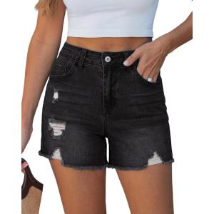 image:imageluvamia Jean Shorts for Women Trendy High Waisted Ripped Distressed Raw Hem Stretchy Denim Shorts Country Concert OutfitWashed Black