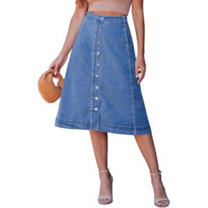 image:imageluvamia Jean Skirts for Women Trendy Midi Length A Line Western Casual Button Down Stretchy Denim Skirt with PocketsClassic Blue