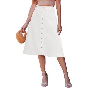 image:imageluvamia Jean Skirts for Women Trendy Midi Length A Line Western Casual Button Down Stretchy Denim Skirt with PocketsCream White