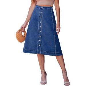 image:imageluvamia Jean Skirts for Women Trendy Midi Length A Line Western Casual Button Down Stretchy Denim Skirt with PocketsDarkness Blue