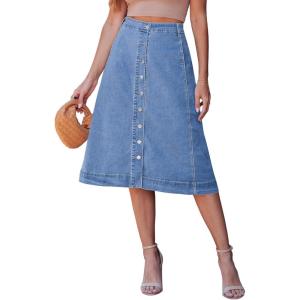 image:imageluvamia Jean Skirts for Women Trendy Midi Length A Line Western Casual Button Down Stretchy Denim Skirt with PocketsMedium Blue