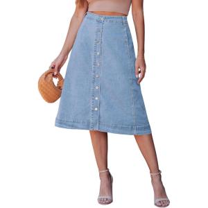 image:imageluvamia Jean Skirts for Women Trendy Midi Length A Line Western Casual Button Down Stretchy Denim Skirt with PocketsModern Blue