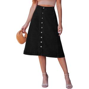image:imageluvamia Jean Skirts for Women Trendy Midi Length A Line Western Casual Button Down Stretchy Denim Skirt with PocketsTrue Black