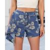 image:imageluvamia Denim Skorts for Woman Trendy Floral Print Faux Wrap Stretchy High Waisted Elasitc Waist Jean Shorts Skirt SkortClassic Washhibiscus