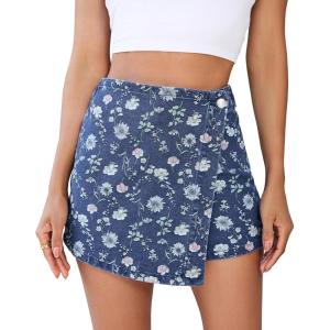 image:imageluvamia Denim Skorts for Woman Trendy Floral Print Faux Wrap Stretchy High Waisted Elasitc Waist Jean Shorts Skirt SkortDarkness Blue Floral