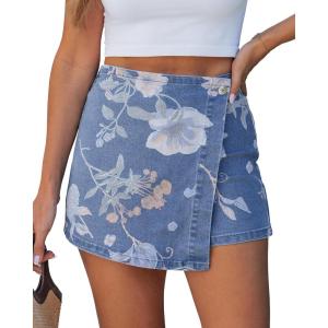 image:imageluvamia Denim Skorts for Woman Trendy Floral Print Faux Wrap Stretchy High Waisted Elasitc Waist Jean Shorts Skirt SkortMedium Washmorning Glory