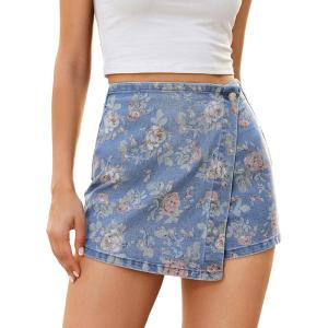 image:imageluvamia Denim Skorts for Woman Trendy Floral Print Faux Wrap Stretchy High Waisted Elasitc Waist Jean Shorts Skirt SkortMedium Washrose