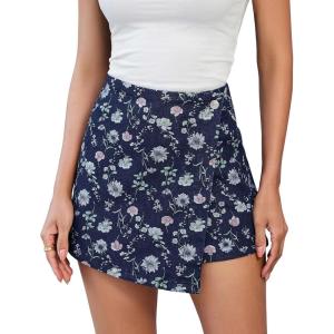 image:imageluvamia Denim Skorts for Woman Trendy Floral Print Faux Wrap Stretchy High Waisted Elasitc Waist Jean Shorts Skirt SkortNightfall Blue Floral