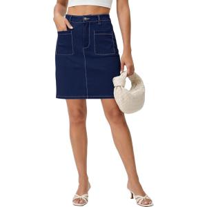 image:imageluvamia Jean Skirts for Women High Waisted Trendy Stretchy Aline Contrast Stitching Patch Pocket Short Denim SkirtDarkness Blue