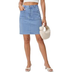 image:imageluvamia Jean Skirts for Women High Waisted Trendy Stretchy Aline Contrast Stitching Patch Pocket Short Denim SkirtMedium Blue