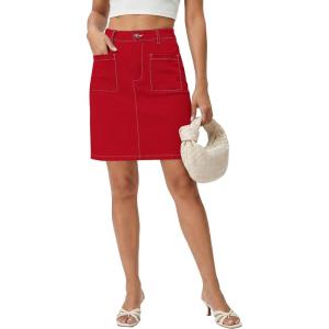 image:imageluvamia Jean Skirts for Women High Waisted Trendy Stretchy Aline Contrast Stitching Patch Pocket Short Denim SkirtRed