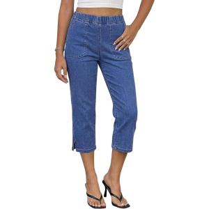 image:imageluvamia Capri Jeans for Women Trendy Pull On Elastic Waist High Rise Side Split Stretchy Relaxed Fit Denim Capris PantsClassic Blue