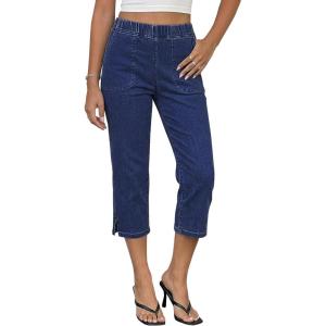 image:imageluvamia Capri Jeans for Women Trendy Pull On Elastic Waist High Rise Side Split Stretchy Relaxed Fit Denim Capris PantsDarkness Blue