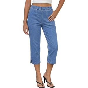image:imageluvamia Capri Jeans for Women Trendy Pull On Elastic Waist High Rise Side Split Stretchy Relaxed Fit Denim Capris PantsMedium Blue