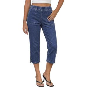 image:imageluvamia Capri Jeans for Women Trendy Pull On Elastic Waist High Rise Side Split Stretchy Relaxed Fit Denim Capris PantsTimeless Blue