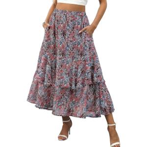 image:imageluvamia Long Skirts for Women Floral Flowy Boho Tiered Ruffle A Line Summer Chiffon Elastic Waist Maxi Skirt with PocketBlack Floral