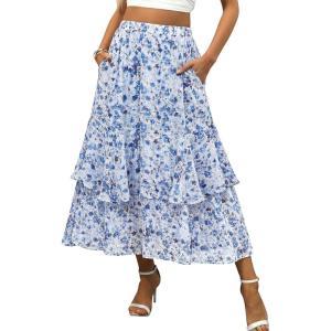 image:imageluvamia Long Skirts for Women Floral Flowy Boho Tiered Ruffle A Line Summer Chiffon Elastic Waist Maxi Skirt with PocketBlue Floral