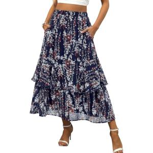 image:imageluvamia Long Skirts for Women Floral Flowy Boho Tiered Ruffle A Line Summer Chiffon Elastic Waist Maxi Skirt with PocketNavy Blue Floral