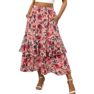 image:imageluvamia Long Skirts for Women Floral Flowy Boho Tiered Ruffle A Line Summer Chiffon Elastic Waist Maxi Skirt with PocketPink Blossom