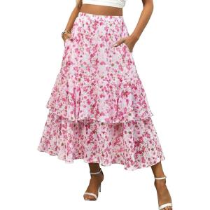 image:imageluvamia Long Skirts for Women Floral Flowy Boho Tiered Ruffle A Line Summer Chiffon Elastic Waist Maxi Skirt with PocketPink Floral