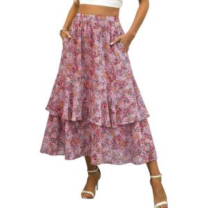 image:imageluvamia Long Skirts for Women Floral Flowy Boho Tiered Ruffle A Line Summer Chiffon Elastic Waist Maxi Skirt with PocketRed Blossom