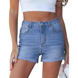 image:imageluvamia Jean Shorts for Women High Waisted Trendy Cuffed Hem Casual Summer Stretchy Comfortable 2026 Denim Mom ShortsSeaside Blue
