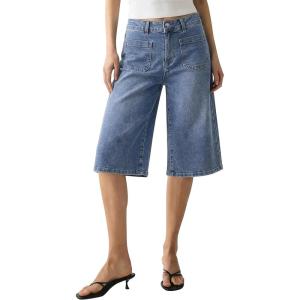 image:imageluvamia Capri Jeans for Women Wide Leg Trendy High Waisted Patch Pocket Loose Straight Casual Stretchy Denim Capri PantsBay Blue