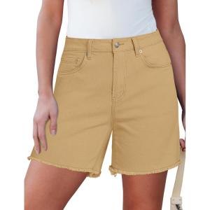 image:imageluvamia FleXclusive Jean Shorts for Women Trendy High Waisted Stretchy Denim Summer Raw Hem Mom Long Shorts Cutoff JortsKhaki