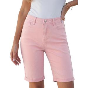image:imageluvamia Bermuda Jean Shorts for Women Knee Length High Waisted Trendy Cuffed Hem Long Stretchy Denim Shorts Summer JortsCandy Pink